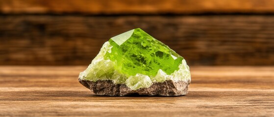 Poster - Green quartz stone placed on a wooden table showcasing its natural beauty and texture