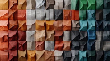 Poster - Wall of folded paper pieces and newspaper magazine collage background texture in high fidelity