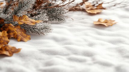 Poster - Close-up view of leaves on a snow covered ground in high detail panoramic scan with snow camouflage
