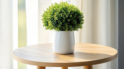 Poster - small green plant in white vase on wooden table with natural light for interior design inspiration