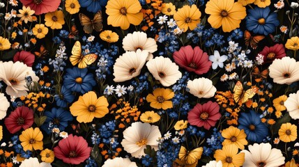 Poster - colorful psychedelic floral pattern with a bunch of flowers on a black background for artistic desig