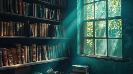 Poster - Bookshelves and a window bathed in beautiful light