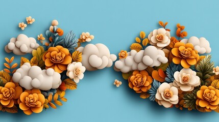 Poster - two paper flowers on a blue background with retro vibes in a vintage 70s style image