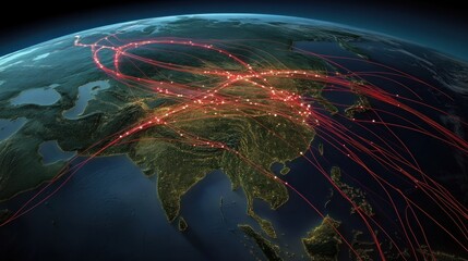 Aufkleber - Globe view featuring asia with glowing red network connections