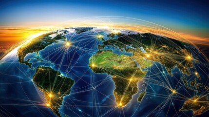 Poster - Global network connecting cities across the world at sunset
