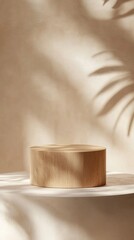 Poster - A round wooden saw cut cylinder rests on a serene surface, illuminated by soft light. Delicate shadows dance on the backdrop, enhancing the tranquil atmosphere