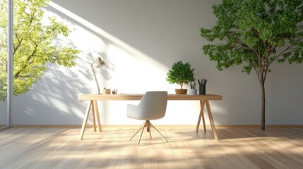 Poster - Minimalist home office desk with plant in modern room interior featuring clean lines and organized workspace