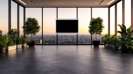 Poster - Large room featuring a big screen with plants and smart building environment monitoring technology