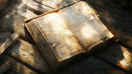 Aufkleber - Open antique book lies on weathered rustic wooden planks