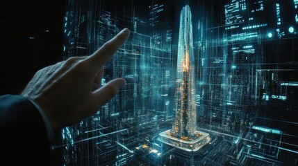 Poster - Person interacts with a holographic futuristic building and digital grid