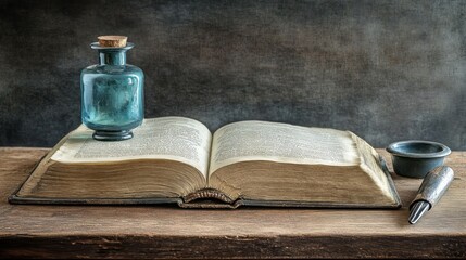 Poster - Still life featuring antique book bottle and writing implements