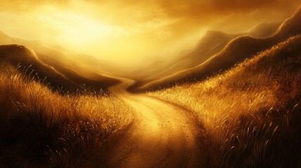 Poster - Winding path curves through golden hills towards a hazy horizon