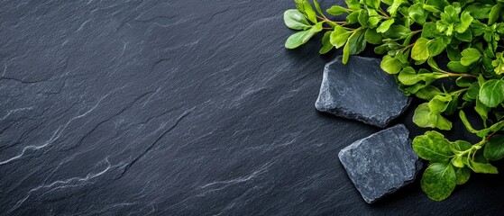 Poster - Fresh green leaves arranged on dark charcoal grey slate board for culinary presentation and food photography