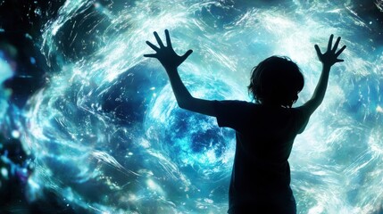 Poster - Silhouette of a child facing a bright mystical energy field