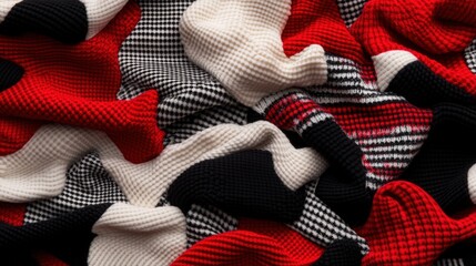 Poster - Pile of red and black knitted fabrics with a background showcasing fashion design and textile patterns