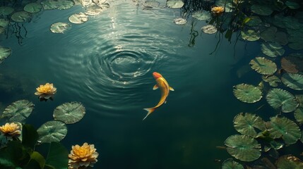 Wall Mural - Koi Fish Swimming Slowly in a Still Pond Surrounded by Water Lilies