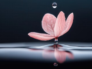 Poster - Delicate pink flower petal dropping water nature close-up calm environment aesthetic viewpoint
