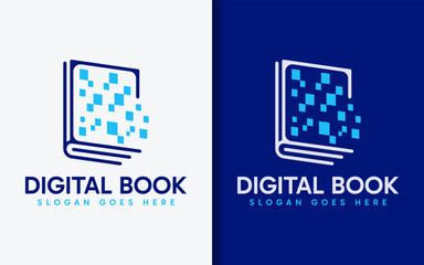 Poster - Digital Book Logo Design. Abstract Minimalist Navy Book and Digital Tech Element Combination. Vector Logo Symbol Icon Illustration.