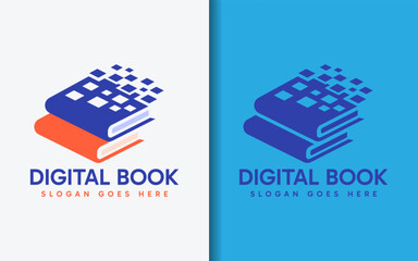 Poster - Digital Book Logo Design. Blue and Orange Book Combination with Digital Square Element. Vector Symbol Logo Icon Illustration.
