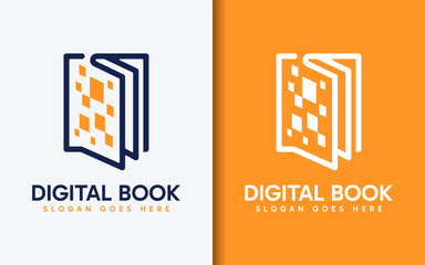 Poster - Digital Book Logo Design. Black Book Shape and Square Digital Element Combination. Vector Logo Illustration.