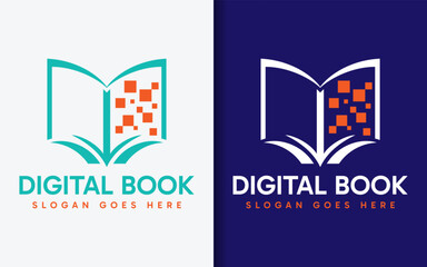 Poster - Digital Book Logo Design. Teal Blue Book and Tech Element Combination. Vector Logo Symbol Icon Illustration.