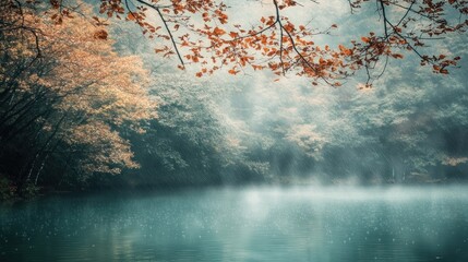 Poster - Autumn Rain Over Still Lake And Forest