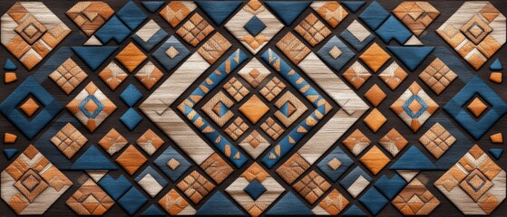 Poster - Wooden wall featuring a seamless tribal geometric pattern in a square design with high fidelity details