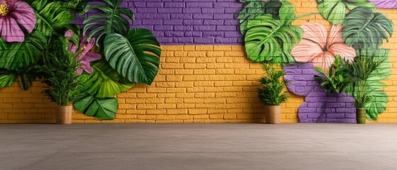 Poster - Room interior featuring a brick wall with a floral painting and urban graffiti art background