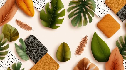 Poster - Tropical leaves and plants arranged on a white background with an abstract patchwork pattern design