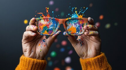 Poster - Person holding glasses with paint splashes in a creative advertising portrait photography