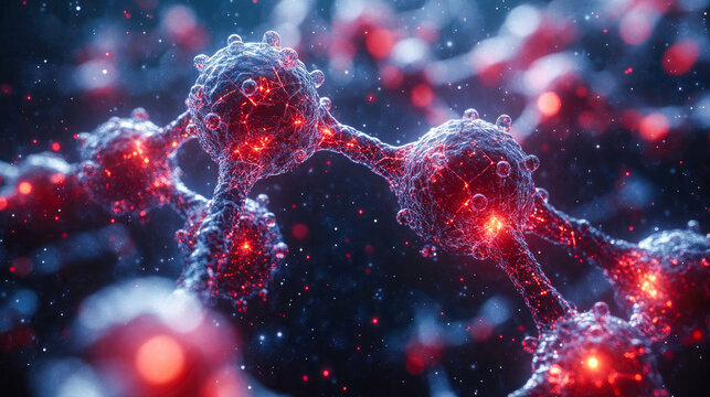 A futuristic depiction of molecular structures and neural networks, featuring glowing blue and orange digital connections, representing AI, quantum computing, and biotechnology
