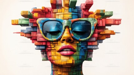 Poster - Woman with colorful glasses and block face in front of vintage psychedelic gig poster art