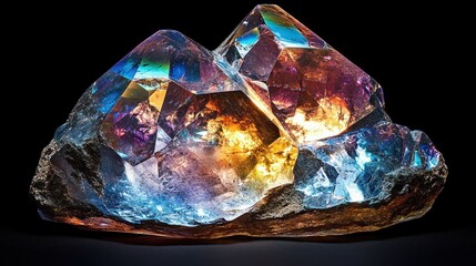 Poster - Iridescent crystal formation showcasing rainbow spectrum on a dark background