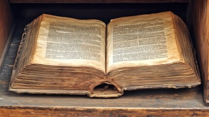 Poster - Ancient open book rests on a wooden shelf within frame