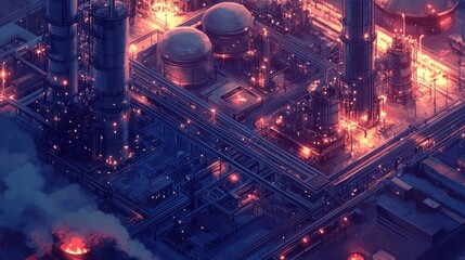 Poster - Nighttime Industrial Complex Illuminated Towers Pipes