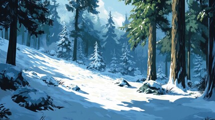 Poster - Illustration of a snowy forest on a bright winter day