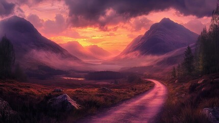 Aufkleber - Winding road leads through mountains bathed in sunset hues