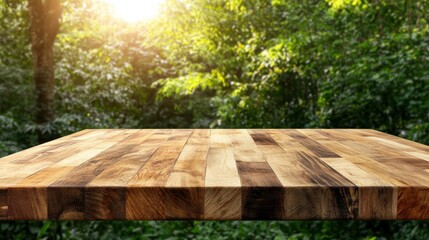 Poster - Wooden table with a blurred green background showcasing the natural texture and surface of the wood