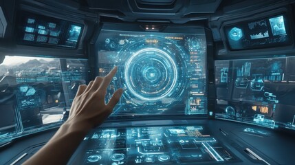 Poster - Hand interacts with a complex futuristic holographic interface on a cockpit