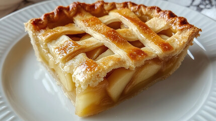 Wall Mural - Close-up slice of homemade apple pie with golden lattice crust on a white plate, showcasing a classic dessert with tender apples and a flaky pastry.