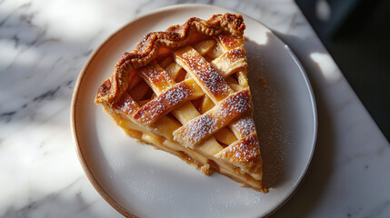 Wall Mural - Close-up slice of homemade apple pie with golden lattice crust on a white plate, showcasing a classic dessert with tender apples and a flaky pastry.