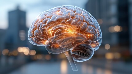 Poster - A futuristic depiction of a glowing brain, symbolizing intelligence, technology, and connectivity in a modern urban environment.