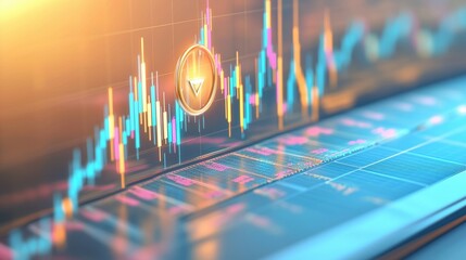 Poster - A digital representation of a financial chart with candlestick patterns and a highlighted coin, suggesting market trends and cryptocurrency analysis.