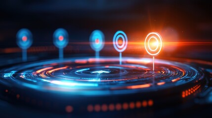 Aufkleber - A futuristic digital interface featuring glowing targets and circular patterns, illuminated with vibrant blue and orange lights against a dark background.