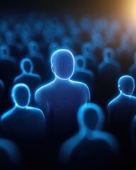 Poster - A crowd of glowing, digital figures is depicted, suggesting a futuristic or virtual representation of people in a vast space.