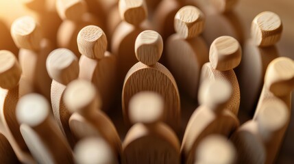 Poster - A cluster of wooden figures representing a diverse group of people, emphasizing individuality and community in a close-knit setting.