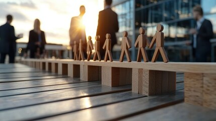 Poster - A group of wooden figures walks along a plank, symbolizing teamwork and progress, with business people in the background against a sunset.