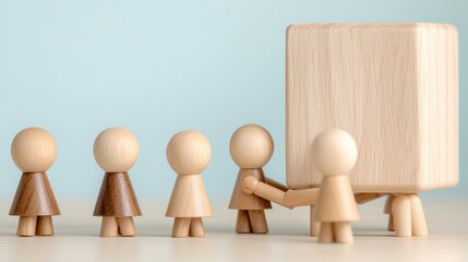 Poster - A group of wooden figures collaborating to lift a large block, symbolizing teamwork and cooperation.