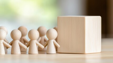Poster - A group of wooden figures stands beside a plain block, symbolizing teamwork, unity, and collaboration in a minimalist setting.