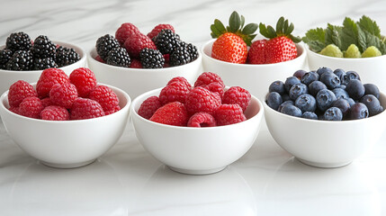 Wall Mural - Set of fresh berries in white bowls, including strawberries, raspberries, blueberries, and blackberries, showcasing vibrant and healthy fruit options, side view.